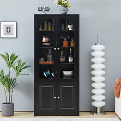 a tall black cabinet with glass doors in a living room next to a potted plant