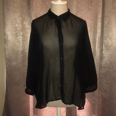 Mandee Black Button Down Blouse Nwt See Through Size L Classic Sheer Collared Tops, Sheer Button-up Top For Fall, Classic Sheer Button-up Tops, Night Out Button-up Tops, Black Sheer Shirt For Night Out, Sheer Button-up Workwear Tops, Sheer Button-up Blouse For Work, Sheer Button-up Tops For Workwear, Collared Tops With Back Button Closure For Night Out