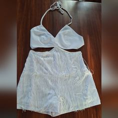 New, Unworn One Piece, 2 Piece Look Halter Style Top With Zipper Back, Attached Lined High Waisted Shorts Full Of Fringe 95 Polyester, 5 Elastane Waist Measures Approx 15 Across, Top Measures Approx 15.5 Across New, Unworn, No Imperfections And From A Smoke-Free And Pet-Free Home Country, Concert, Swifty, Wallen, Party, Fringe, Dance, Date Night Fitted Shorts For Summer Clubbing, Fitted Club Shorts For Summer, Fitted Shorts For Clubbing In Summer, White Shorts For Summer Parties, Chic Club Shorts For Summer, Chic Summer Club Shorts, Summer Party Shorts, White Shorts For Night Out In Spring, White Fitted Party Shorts