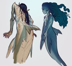 two mermaids are standing next to each other