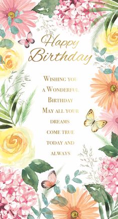 a birthday card with flowers and butterflies