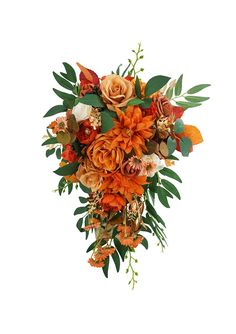 an arrangement of orange flowers and greenery on a white background