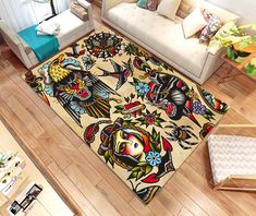 the living room is decorated with colorful rugs