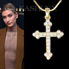 "PERFECT CHRISTMAS GIFT FOR LADIES You are getting a religious CROSS Pendant with Swarovski crystals. It comes with a FREE 18\" Original Rhodium Plated Gold Tone Snake Chain necklace with lobster clasp. Cross size is 7/8\" wide X 1 1/2\" high (22mm X 38mm). Crystal Color: CRYSTAL CLEAR Prices are in US$. For shipping policies and other important information, click on \"profile\" on the right. See an item that you like but has already been sold? Contact me to see if I have more! Thank you for sto Gold Cross Necklace For Party, Cross Gold Necklace, Baguette Pendant, Flamingo Necklace, Cross Gold, Eastern Orthodox, Gothic Necklace, Gold Cross Pendant, Letter Charm