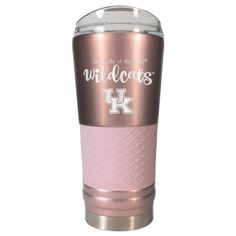 a pink and silver tumbler with the words, university of minnesota on it