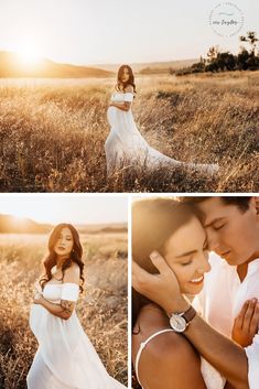 a woman in a white dress standing next to a man in a field at sunset