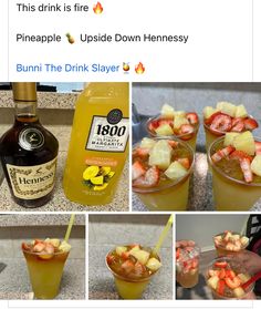 several shots of different types of drinks with strawberries and pineapples in them