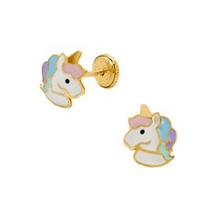 Unicorn Stud Earrings Medium by Kury - Available at SHOPKURY.COM. Free Shipping on orders over $200. Trusted jewelers since 1965, from San Juan, Puerto Rico. Kids Earrings, Yellow Gold, Stud Earrings, Yellow, Gold, Color