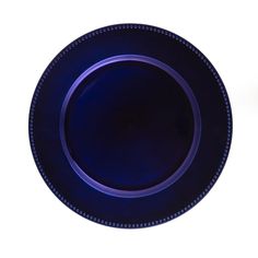 an empty blue plate with beaded edges on a white background, is seen in this image