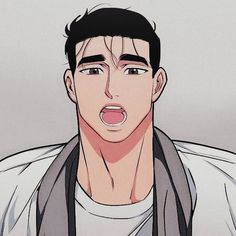 an anime man with his mouth open and tongue out