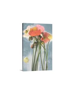 a painting of flowers in a vase on a white background