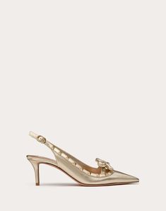 Valentino Garavani Rockstud Bow Slingback Pumps in laminated nappa leather - Tone-on-tone studs - Laminated nappa leather bow detail - Laminated nappa leather straps and trim - Adjustable buckle strap - Heel height: 60 mm / 0.25 in. - Made in Italy Luxury Gold Leather Slingback Pumps, Leather Slingback Pumps With Gold-tone Hardware For Party, Elegant Gold Heels With Studs, Elegant Gold Studded Heels, Bow Mules, Studded Sneakers, Oxford Boots, Wedge Loafers, Valentino Rockstud