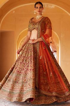 Roqa | Red Azara Lehenga Set | INDIASPOPUP.COM Bloom Embroidery, Cancan Lehenga, Gold Lehenga, Padded Blouse, Lehenga Skirt, Red Lehenga, Lehenga Blouse, Wedding Lehenga, Pattern Embroidery