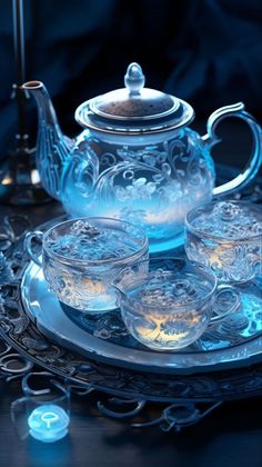 a glass tea set on a tray with cups and saucers