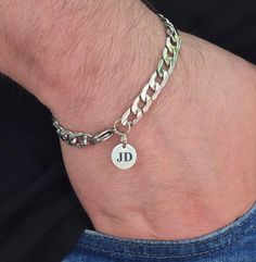 Personalized gifts such as a link chain bracelet are a thoughtful gift for him. Crafted from high-quality silver stainless steel, this chain bracelet features a sophisticated design that is both stylish and durable. Perfect for everyday wear or special occasions, this bracelet makes a great gift for yourself or a loved one. Add a touch streetwear style to your outfit with this sleek and modern accessory. 👉 Custom engraving on bracelets with a special message, whether it's initials, initials wit Jewelry For Him, Bracelet For Him, Simple Present, Thoughtful Gifts For Him, Boyfriend Anniversary, Bracelet Initial, Mens Bracelet Silver, Modern Accessories, Chain Bracelets