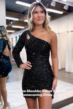 Sheath One Shoulder Velvet Sequins Homecoming Dress Homecoming Dress Tight, Black Sequin Shorts, Long Sleeve Homecoming Dresses, Sequin Homecoming Dress, Homecoming Ideas, Professional Dress, Dress Tight, Bodycon Style, Long Sleeve Sequin