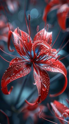 a red flower with water droplets on it