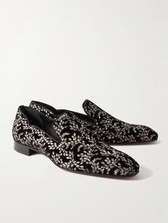 Christian Louboutin's 'Dandy Chick' loafers will add a little flair to your evening attire. Embroidered with wispy, metallic leaves, they've been made in Italy from plush velour and have elegant notched toplines. They're finished with tonal grosgrain backstays and set on the label's iconic red soles. Luxury Designer Men's Tassel Loafers, Luxury Slip-on Loafers With Brogue Detailing, Luxury Men's Tassel Loafers For Semi-formal Occasions, Embroidered Loafers, Luxury Men's Slip-on Loafers, Luxury Embroidered Slip-on Loafers, Loafers For Men, Embroidery Shoes, Velvet Loafers