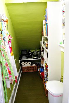 a narrow room with green walls and shelves