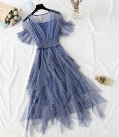 Cute A line short dress fashion dress Fabric: blended Color: gray, pink, apricot, blue Size(cm): S, M, L, XL S length 110 bust 92 M length 111 bust 96 L length 112 bust 100 XL length 113 bust 104 A Line Tulle Dress, A Line Short Dress, Blue Tulle Dress, Informal Dress, Moda Aesthetic, Short Dress Styles, Fashion Illustration Sketches Dresses, Dress With Sequins, Dark Blue Dress