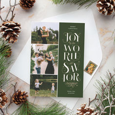 This typographic Christmas card features space for 3 family photos and the message "Joy to the world, the Savior is born" in elegant hand lettering