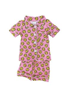 Brighten bedtime with our Never Stop Smiling Girls Short Sleeve Pajama Set! This adorable set features a cheerful pink design adorned with yellow smiley faces. Crafted from soft, breathable fabric, it ensures a cozy and comfortable night's sleep. Perfect for adding a dash of happiness to bedtime, these pajamas will keep your little one smiling all night long. And be sure to check out our other must have new arrivals. INCLUDES: 2 Piece Pajama Set FIT: This item is true to size FABRIC & CARE: Cott Playful Printed Cotton Sleepwear, Pink Cotton Sleepwear For Sleepover, Pink Cotton Sleepover Set, Playful Cartoon Print Sleepwear For Spring, Cute Bedtime Sets With Relaxed Fit, Cute Relaxed Fit Bedtime Sets, Casual Pink Bedtime Sets, Summer Cartoon Print Sleepwear For Sleepover, Summer Sleepover Sleepwear With Cartoon Print