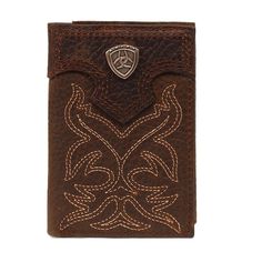 Ariat Mens Leather Wallet - Brown Trifold Western Wallets, Brown Overlay, Ariat Mens Boots, Boot Wallet, Rodeo Style, Rodeo Boots, Leather Checkbook Cover, Leather Embroidery, Leather Trifold Wallet