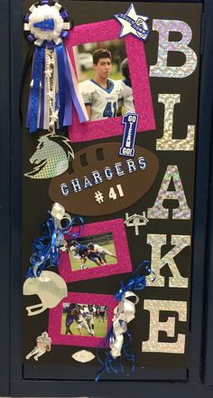 this is a collage made to look like a football player's locker door