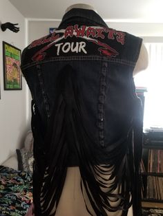 Denim vest with leather fringe, studs  and Slayer Hell Awaits patch. Leather Fringe, Denim Vest, Dress Clothes For Women, Diy Clothes, Favorite Outfit, Funny Pictures, Art Collection, Hand Made, Dress Outfits