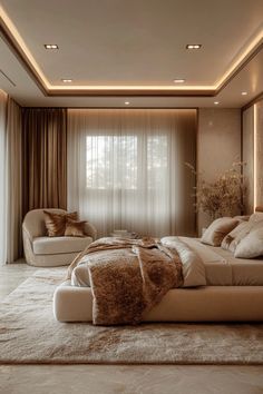 an elegant bedroom with white and brown decor, large windows, beige bedding and pillows