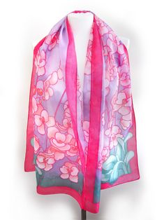 "Orchid red scarf is an alternative idea for a flower bouquet for very special occasion. This exquisite pure silk scarves can be a perfect gift for the most important lady in your life. This scarf has a most vibrant color palette: cool red and coral with a hint of cool pink and light purple. This looks lovely on \"winter carnation\" type. Delicate orchid flowers make a lovely composition of entangled petals and graceful beauty. This coral silk scarf is almost 61 inches in length and 17 inches in Silk Scarf With Floral Print For Gift, Silk Scarves With Floral Print As Gift, Silk Scarves With Floral Print For Gift, Silk Floral Print Scarf As Gift, Pink Silk Scarf With Floral Print, Pink Floral Print Silk Scarves, Pink Floral Print Silk Scarf, Red Floral Print Silk Scarf For Spring, Elegant Pink Floral Print Scarves