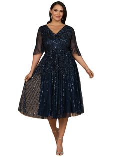 Beaded v-neckline midi dress. This dress features a long flowing A-line silhouette giving an elegant sequined Midi look. It is a great dress for a fun and easy night out, or a wedding guest! It's great for someone looking for a modest and fun look Back zipper Beaded tulle on stretch jersey lining Professionally clean Imported Short sleeves Midi dress Fits true to size, we recommend ordering your normal size. Fitted body with flowing skirt Glamorous Embellished V-neck Midi Dress, Midi Length Gala Dress With Contrast Sequin, Midi Length Dress With Contrast Sequin For Gala, Cocktail Dresses With Contrast Sequin In Midi Length, Cocktail Midi Length Dress With Contrast Sequin, Cocktail Midi-length Dresses With Contrast Sequin, Contrast Sequin Midi Dresses For Cocktail, Elegant Midi Dress With Contrast Sequin For Gala, Evening Midi Dress With Sequins