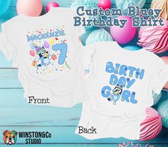 STAND OUT FROM THE CROWD WITH THIS SUPER CUTE CUSTOM BLUEY BDAY SHIRT! HOW TO ORDER Step 1: Select shirt color and size. Step 2: Fill in personalization part. Step 3: Purchase, sit back, and I'll take care of the rest! Send me a message if you have any questions or any other customization request. DETAILS - Print image on Toddler shirt is about 5" (W) - 5.5"(H) - Print image on Youth shirt is about 7"(W) x 7.5"(L) - All products are printed with DTF (direct-to-film) and we heat press every single     shirt ourselves so we know exactly the quality of the item we ship to you - our     valued customers! - DTF transfers provide an amazingly soft hand-feel, resulting in a smooth     and comfortable finish. Unlike vinyl transfers and DTG printing, which can     leave a stiff or gritty texture, D Blue T-shirt With Custom Print For Birthday, Blue Summer T-shirt For First Birthday, Blue Short Sleeve T-shirt For First Birthday, Playful Crew Neck T-shirt For Birthday Gift, Casual Blue Birthday Tops, Cute Blue Shirt For Gift, Blue Short Sleeve Tops For Birthday Gift, Cute Blue Shirt As A Gift, Cute Blue Shirt As Gift