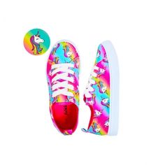 The Eye-Catching Print On These Lace-Up Sneakers Feature A New Unicorn Design With Colors Galore! Even Her Horn And Mane Are Rainbow! Includes A Back Pull-On Loop For Easy On And Off. Unicorn Canvas, Canvas Slip On Shoes, Unicorn Design, Grey Sneakers, Rainbow Unicorn, Elsa Frozen, Canvas Shoes, Slip On Shoes, Horn