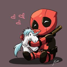 deadpool and unicorn hugging each other