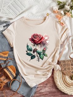 Albaricoque Casual Collar manga corta Tela tejida Floral  Embellished Elástico Ligero Verano Lace Headbands, Women Rising, Fabric Floral, Women T Shirts, Rose Print, Plus Clothing, Printed Shorts, All Fashion, Summer Women