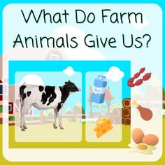 what do farm animals give us? with an image of a cow in the background