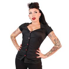 Made in the USA. 96%Cotton 4%Spandex. Retro Black Button-up Blouse, Fitted Short Sleeve Black Shirt With Buttons, Retro Black Tops With Button Closure, Black Retro Top With Buttons, Retro Black Tops With Buttons, Black Retro Tops With Buttons, Retro Black Button-up Shirt, Vintage Black Tops With Snap Buttons, Black Rockabilly Top For Summer