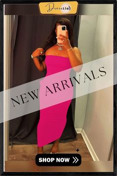 Women's Clothing Solid Color Off Shoulder Strapless Slim Stretch Bodycon Party Long Tube Top Dress Chic Stretch Tube Top For Party, Bodycon Pink Strapless Dress For Date Night, Pink Bodycon Strapless Dress For Date Night, Pink Bandeau Tube Top For Date Night, Pink Strapless Bodycon Dress For Night Out, Chic One-shoulder Tube Top For Party, Chic One Shoulder Tube Top For Party, One-shoulder Tube Top For Party, Backless Tube Top For Party