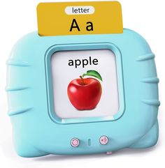 a blue children's learning toy with an apple on the front and letter a in the back