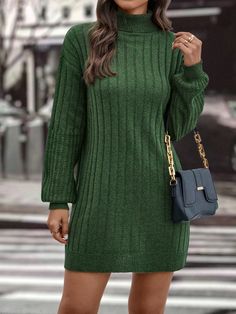 Green Casual Collar Long Sleeve Fabric Plain  Embellished High Stretch All Women Clothing Knitted Winter Dress, Lantern Sleeve Sweater, Chique Outfits, Outfit Chic, Solid Sweaters, Turtleneck Sweater Dress, Estilo Chic, Womens Turtleneck, Sweater Dress Women