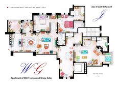 an apartment floor plan with furniture and decor