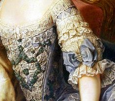 low scooped neckline to bodice with intricate lace trim; stomacher of cream lace and green embroidery; tiered lace sleeve with large blue silk bow with diamond ornament center ending in lace flounce, bow matching color of blue brocade silk gown. Detail of 12 year old Archduchess Maria Antonia of Austria (Marie Antoinette). 18th Century Stomacher, 1770s Fashion, Rococo Fashion, 18th Century Costume, Silk Gown, Clothing Details, Historical Clothing, Inspiration Mode