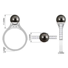 a black pearl and diamond ring on a white background with measurements for the size of it