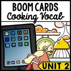 a hand holding an ipad with the words boom cards cooking vocal unit 2