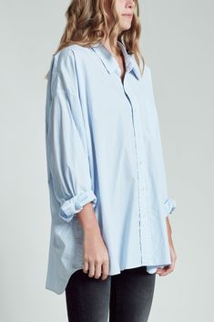 Classic drop neck shirt Front pocket/ button up Slightly oversized Blue/white pinstripe 100% CO Model is 5’11” and wearing size M Bust 34”; waist 24”; hips 35” Machine wash cold, Do not tumble dry Imported R13W7469-302 R13 Denim, Denim Shoes, Oxford Shirt, Womens Fall, Mens Denim, Neck Shirt, Blue Stripes, Front Pocket, White Stripe