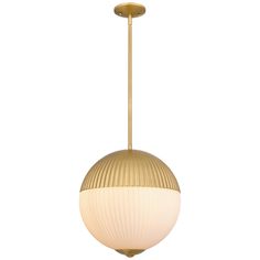 a light fixture with a white glass ball hanging from it's center and gold metal frame