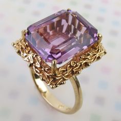 Luxury Gold Amethyst Ring With Multi-stone, Yellow Gold Cocktail Ring, Basket Style, Gold Cocktail Ring, Gold Cocktail, Amethyst Gem, Purple Band, Gold Halo, Medium Purple