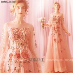 Fitted Floral Applique Gown For Banquet, Spring Banquet Gown With Floral Applique, Fitted Pink Gown With Floral Embroidery, Pink Fitted Gown With Floral Embroidery, Fitted Long Sleeve Gown With Floral Applique, Long Sleeve Embroidered Gown For Spring, Spring Ceremony Dress With Floral Embroidery, Long Sleeve Floral Applique Prom Dress, Long Sleeve Gown With Floral Embroidery For Banquets