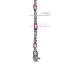 "This fancy 2.00 Carat Diamonds And 2.75 Carat Pink Sapphire Four Prong Tennis 18K Two Tone Gold bracelet features 11 oval shaped pink sapphires accented by 48 brilliant cut round diamonds. The 4.25x3.25mm vibrant colored precious gemstones are genuine and natural with AAA color. The bright diamonds are G-H color, SI2 clarity. The pink sapphires are set in a 18K Yellow Gold prongs setting and white diamonds are set in a 18K White Gold prongs setting. The size of bracelet is 7\" inches. For re-si Luxury Oval Multi-stone Tennis Bracelet, Elegant Multi-stone Oval Tennis Bracelet, Elegant Oval Multi-stone Tennis Bracelet, Oval Multi-stone Tennis Bracelet In Fine Jewelry Style, Luxury Pink Diamond Bracelet For Anniversary, Fine Jewelry Oval Diamond Bracelet, Elegant Pink Multi-stone Bracelets, Luxury Purple Tennis Bracelet, Gold Armband